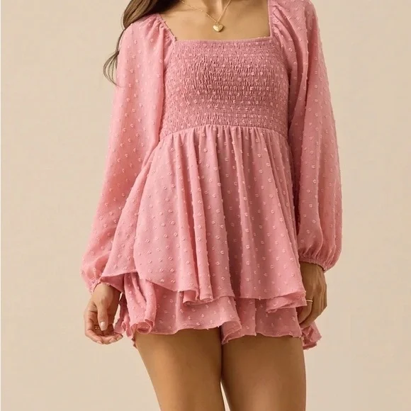 Altar'd State Pink Long Sleeve Lilitha Smocked Romper size M NWT - Picture 2 of 6